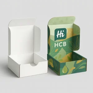 Open CBD subscription boxes showing a plain white mailer next to a fully custom-printed one with a bright, layered green and yellow leaf and oil drop design, perfect for natural product packaging.