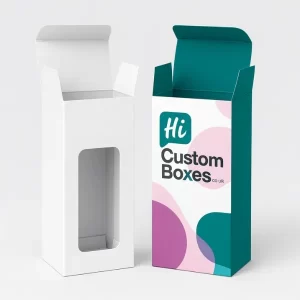 Custom two-piece rigid box with bottle-shaped insert and colorful Hi Custom Boxes branding on the lid