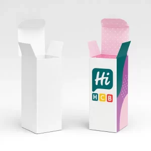 Two tall tuck-top product boxes- one plain white and one custom-printed with Hi HCB branding and pink polka-dot interior