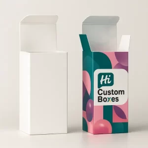 Side-by-side plain white cardboard box and fully printed custom packaging box with Hi Custom Boxes branding- both with open top flaps