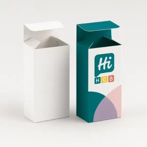 Custom tuck-top packaging box in teal and white design with Hi Custom Boxes branding- perfect for retail and secure product display