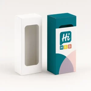 Custom rectangular window box with branded design- featuring a clear cutout for product visibility and stylish retail packaging