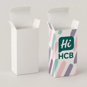 Custom printed tuck-end box with pastel brush pattern and Hi Custom Boxes logo - retail product packaging