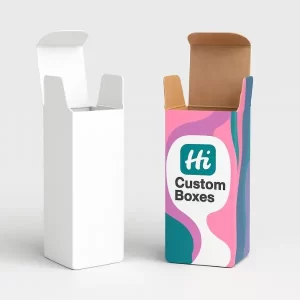 Tall rectangular product boxes - one plain white- one with colorful abstract design and Hi Custom Boxes logo