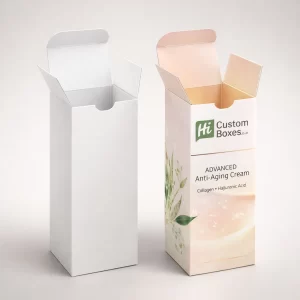 Two vertical cream boxes, one plain white and one with floral branding and product text.