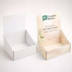Two cardboard counter display units, one plain white and one featuring branded anti-aging cream graphics.