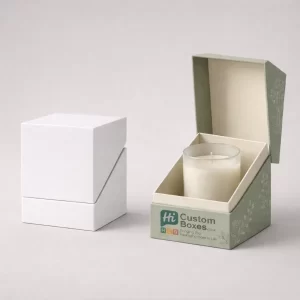 Sophisticated two-piece rigid boxes with a unique diagonal opening, revealing a scented candle in glass.