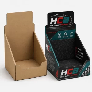 Vertical black and orange auto parts packaging boxes with high-quality custom printing and brand logos.