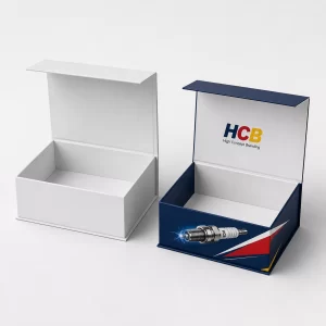 Modern black and red auto spare parts packaging boxes designed specifically for spark plug protection.