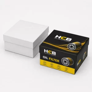 Sleek black and orange automotive filter packaging boxes with professional branding for wholesale retail display.