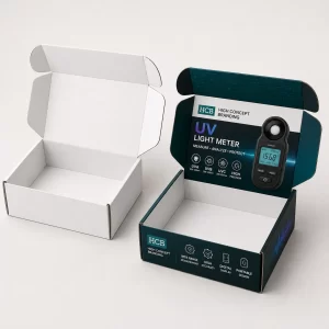 Open corrugated cardboard mailer boxes with custom printed automotive branding for shipping car parts securely.