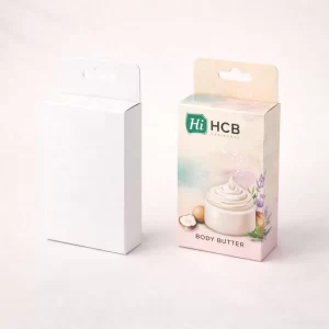 Two tall rectangular product boxes, one blank white and one printed with custom pink branding.