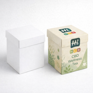 Two square lidded boxes, one plain white and one with green floral CBD branding.