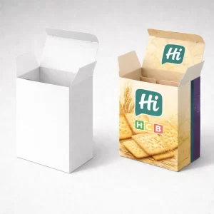 Bespoke vertical cardboard cracker boxes with wheat illustrations and a white prototype box alongside.