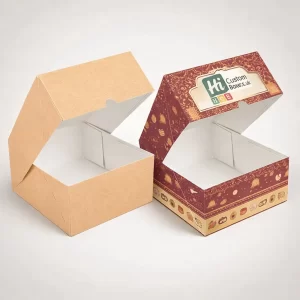 Two tall rectangular product boxes, one blank white and one printed with custom festival graphics.