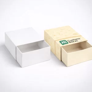 Two drawer-style slide boxes, one plain white and one with custom printed loaf cake illustrations.