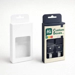 Hanging display boxes with transparent windows, showing a plain white version and a printed retail version.