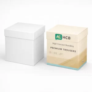 Two premium square gift boxes for trousers, one plain white and one with bespoke tan branding.