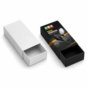 Two sleek black and red bike mirror boxes featuring professional branding and clear product windows.