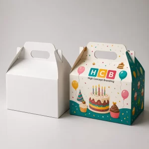 Two cardboard cake boxes, one plain and one printed with festive balloons and birthday branding.