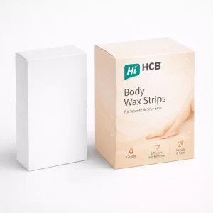A pair of rectangular product boxes, one blank white and one featuring peach-coloured skincare branding.