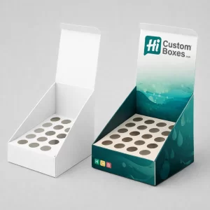 Empty cardboard counter-top display units featuring die-cut circular inserts to hold sixteen individual bottles securely