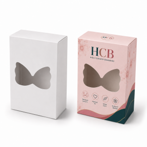 Cardboard retail packaging boxes with a butterfly shaped die-cut window for display underwear items.