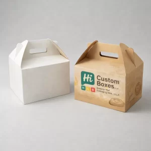 A white and a branded brown gable box designed for bread with a built-in carrying handle.