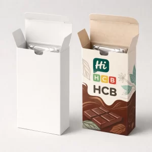 Stylish rectangular CBD chocolate boxes with sophisticated typography and a high-quality textured paper finish.