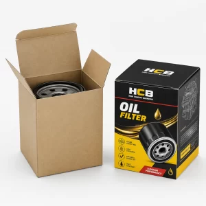 Two professional black and yellow car oil filter boxes featuring custom automotive branding and technical graphics.