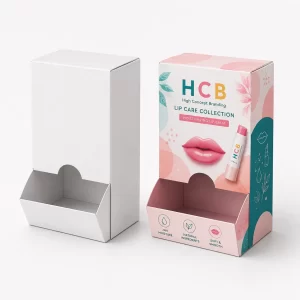 Hanging tab retail boxes with clear plastic windows in plain white and pink branding.