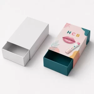 Slide out cardboard sleeve packaging shown in plain white and custom printed pink graphics.