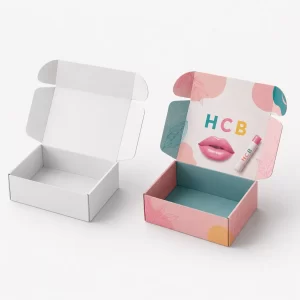 Open cardboard mailer boxes presenting a blank white version and a printed pink option.