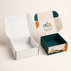 Vertical white and branded pink choux boxes featuring high-quality bakery illustrations and premium logos.