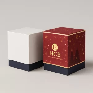 Luxury two-piece boxes, one white/navy, one red/gold Christmas design for high-end candles.