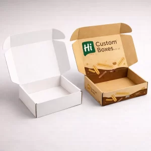 Two premium flip-top magnetic boxes, one blank white and one with elegant churros branding.