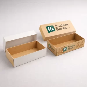 Two sturdy two-piece boxes, including one featuring ‘Hi Custom Boxes’ red churros branding.
