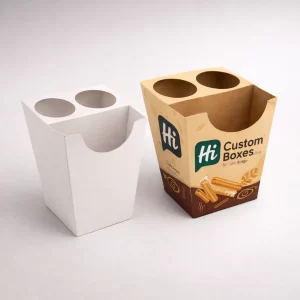 Two white retail cartons with hanging tabs, one blank and one showing churros product imagery.