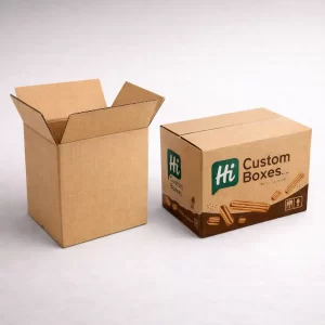 Plain brown cardboard shipping box next to a branded red and white churros carton.