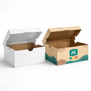 Two cardboard shoe boxes, one plain white and one with a colourful patterned branding design.