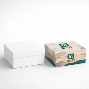 A pair of closed square footwear boxes, featuring a plain white version and a branded version.