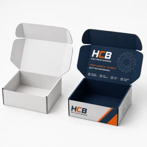 Vertical black and orange corrugated boxes designed for protecting and shipping high-quality chain sprockets.