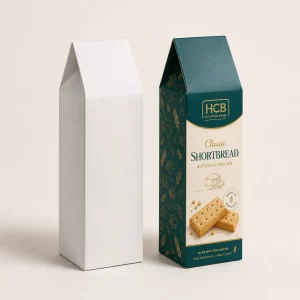 Plain white carton beside a tall green branded box designed for buttery biscuits.