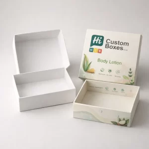 Two vertical lotion boxes, one plain white and one with elegant gold accents and floral patterns.