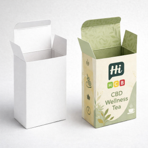 Two open tuck-end boxes, one plain white and one featuring green leafy interior patterns.