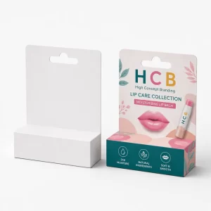 Tall rectangular custom cosmetics boxes displayed in clean white and printed pink fruit designs.