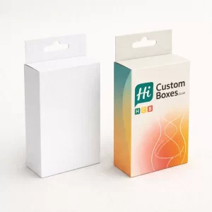 Two tall rectangular retail boxes with hanging tabs, featuring a colourful gradient and body-line illustration.