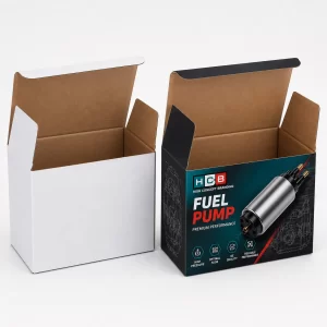 Open white and custom printed cardboard tuck top boxes showing the brown interior material.