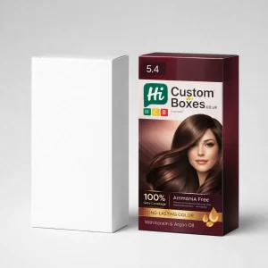 A simple white retail box alongside a printed hair colour box showing a brunette hair shade.