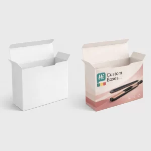 Two upright tuck-end boxes, one plain white and one with pink waves and straightener graphics.